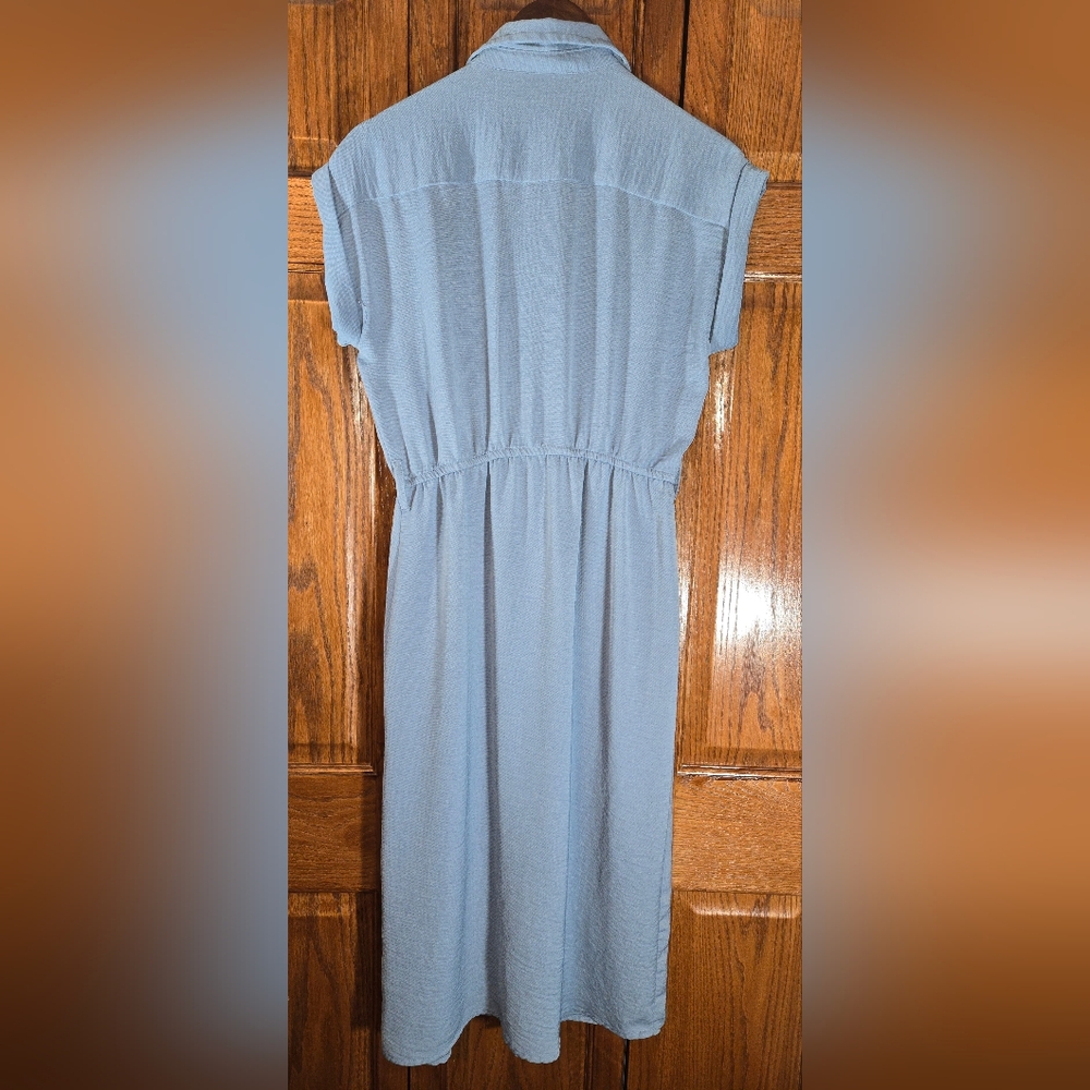 Millennium Blue Midi Length Button Front Elastic Waist Pockets Shirt Dress sz S - Picture 3 of 3